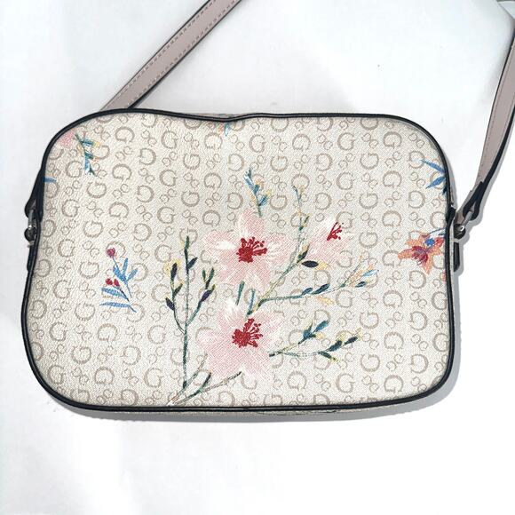 GUESS Noelle II Mini Flap Crossbody Bag Cream Floral Embroidered Shoulder Purse - Picture 2 of 8